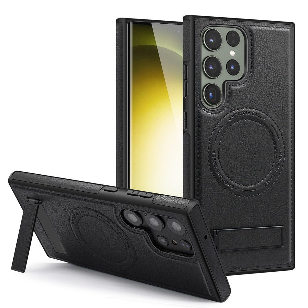 For Samsung Galaxy S24 Ultra Magnetic Case with Folded Kickstand PC Silicone Leather Phone Back Cover