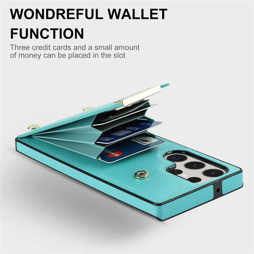 For Samsung Galaxy S23 Ultra Cell Phone Case TPU+PU Leather Hardware Decor Card Holder Back Cover