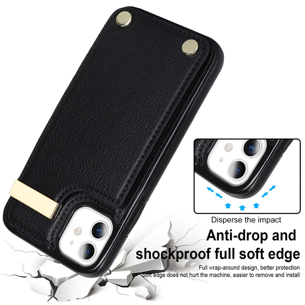 For iPhone 11 Cover TPU+PU Leather Metal Decor Shockproof Cell Phone Case with Card Holder