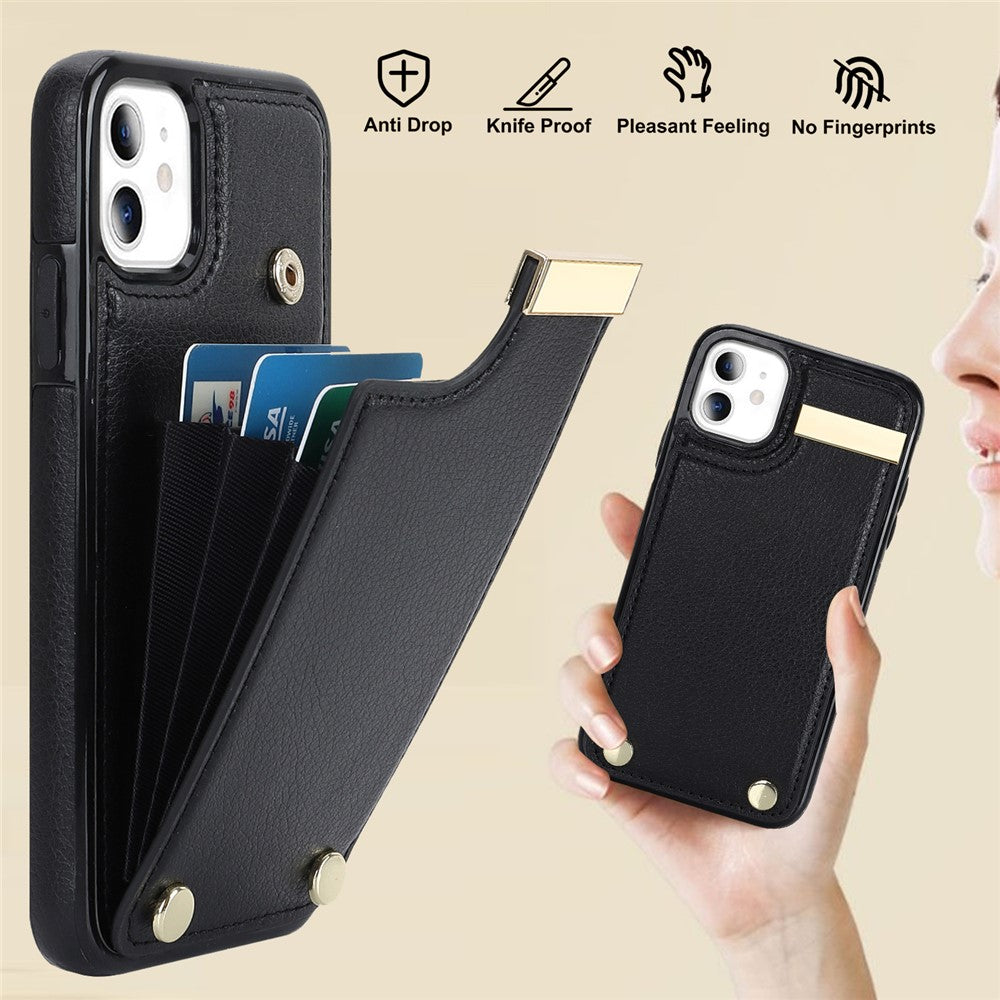 For iPhone 11 Cover TPU+PU Leather Metal Decor Shockproof Cell Phone Case with Card Holder
