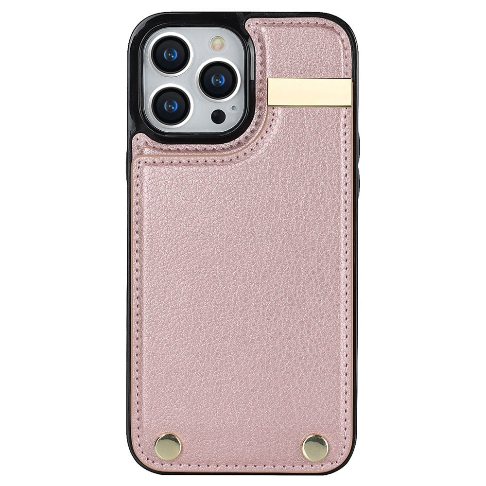 For iPhone 14 Pro Max Phone Case Card Holder TPU+PU Leather+Metal Hardware Phone Cover