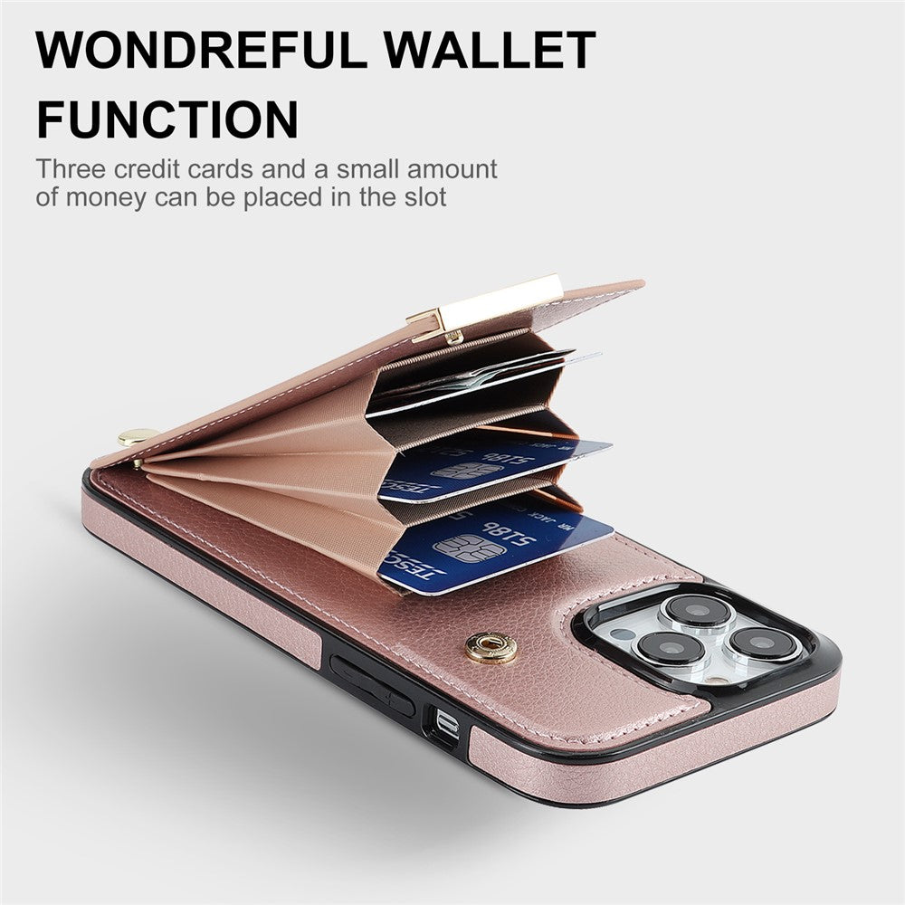 For iPhone 14 Pro Max Phone Case Card Holder TPU+PU Leather+Metal Hardware Phone Cover