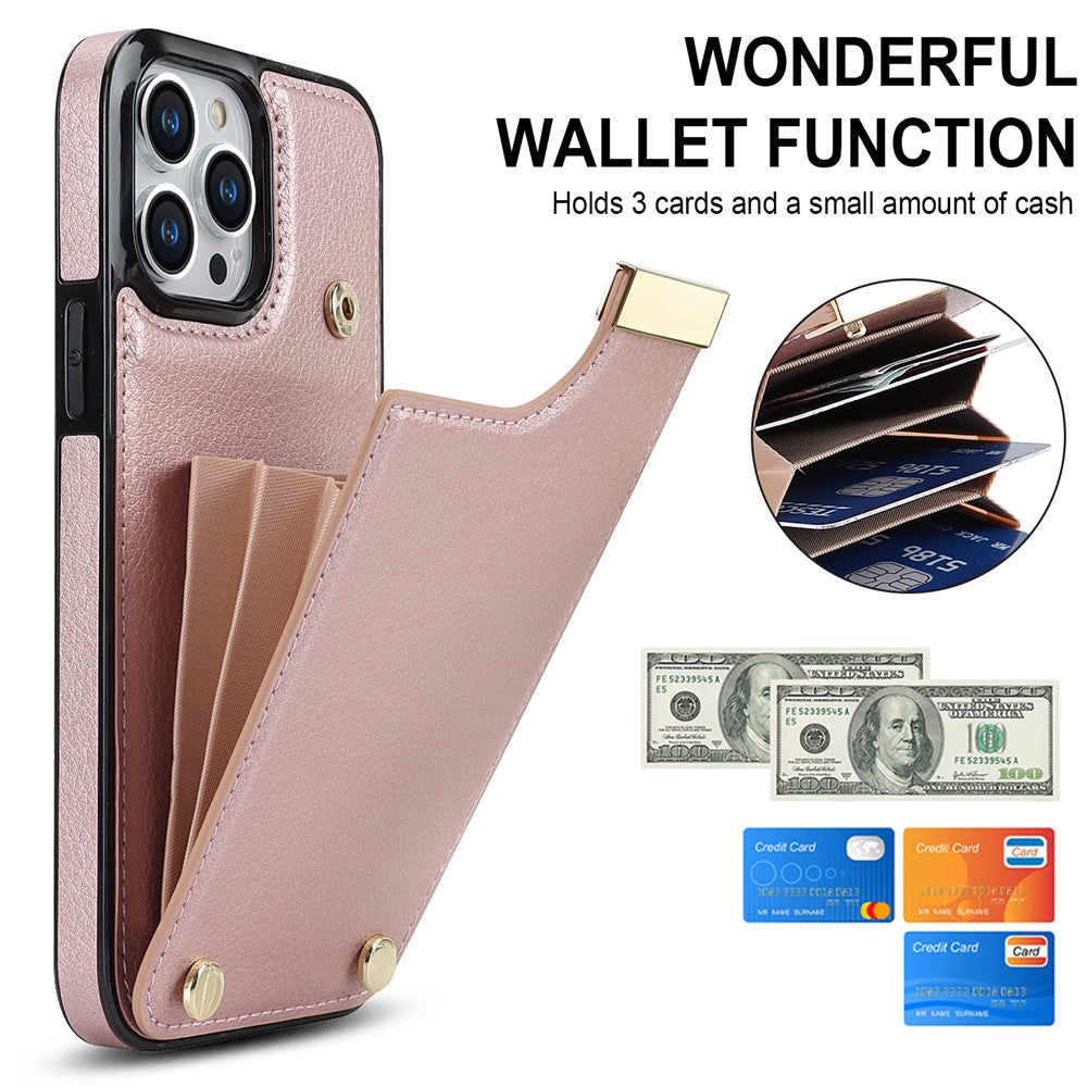 For iPhone 14 Pro Max Phone Case Card Holder TPU+PU Leather+Metal Hardware Phone Cover