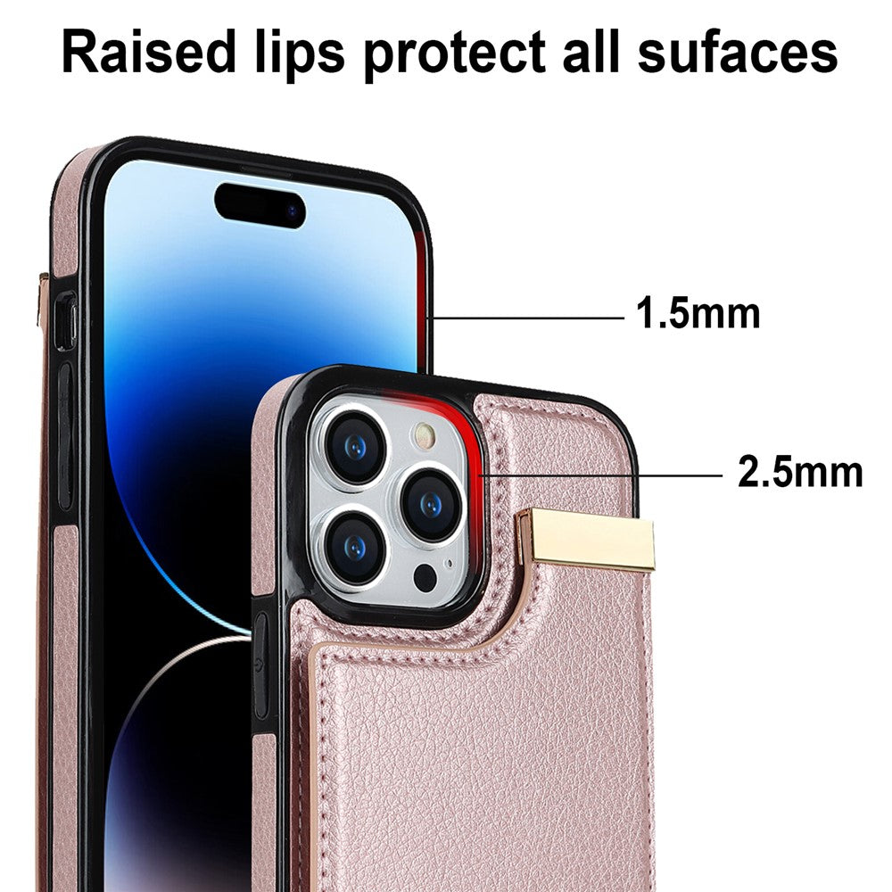 For iPhone 14 Pro Max Phone Case Card Holder TPU+PU Leather+Metal Hardware Phone Cover