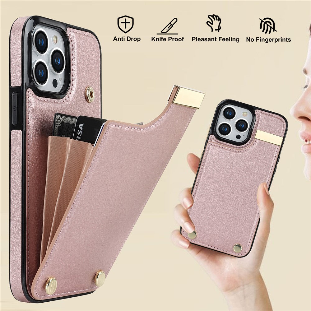 For iPhone 14 Pro Max Phone Case Card Holder TPU+PU Leather+Metal Hardware Phone Cover