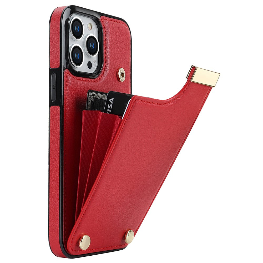 For iPhone 14 Pro Max Phone Case Card Holder TPU+PU Leather+Metal Hardware Phone Cover