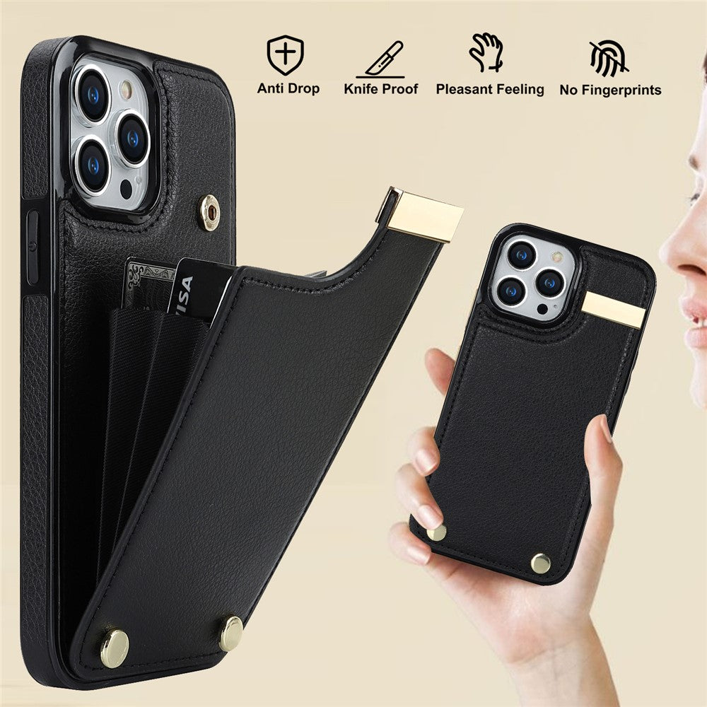 Til iPhone 14 Pro etui TPU+PU læder+metal mobilcover med kortholder
