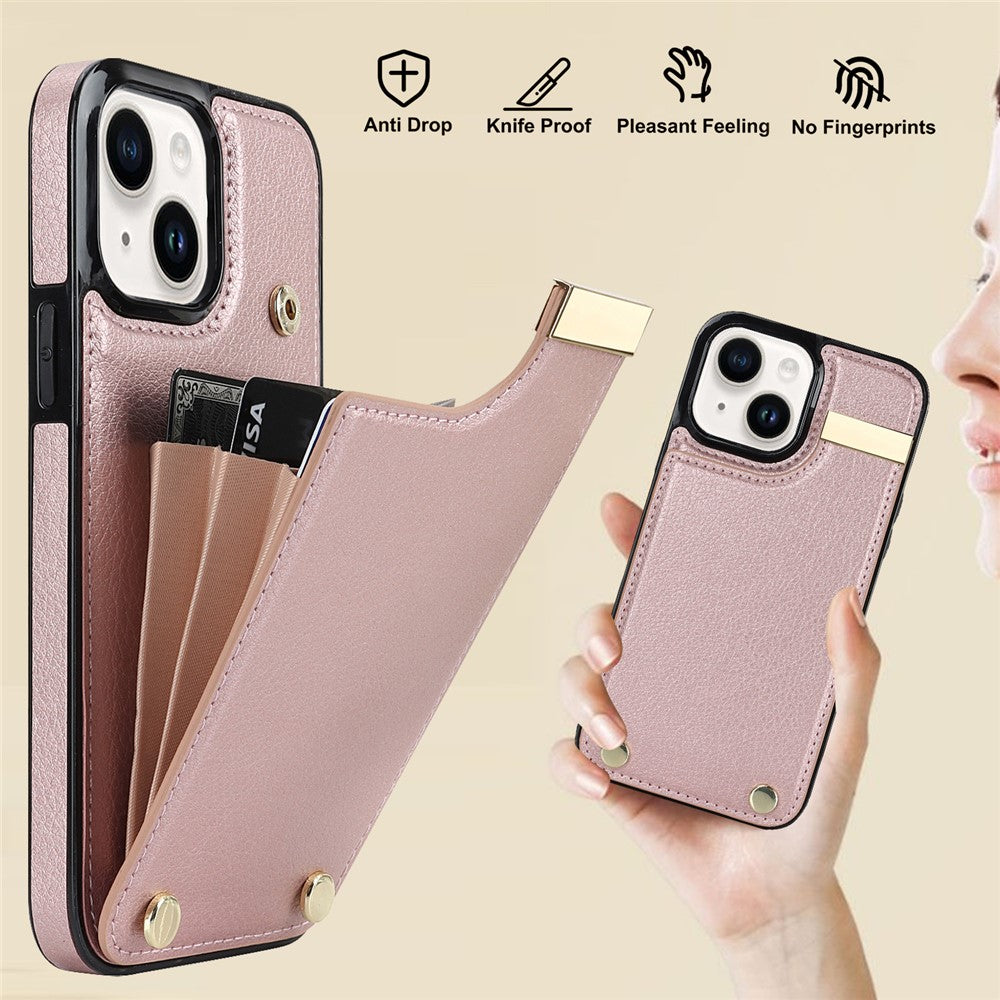 For iPhone 15 Plus Anti-Shock Case TPU+PU Leather+Metal Phone Cover with Card Holder