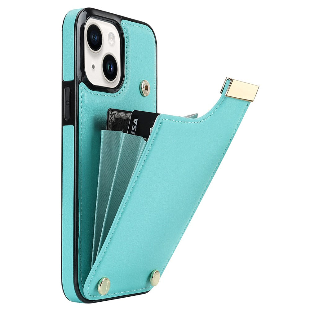 For iPhone 15 Plus Anti-Shock Case TPU+PU Leather+Metal Phone Cover with Card Holder