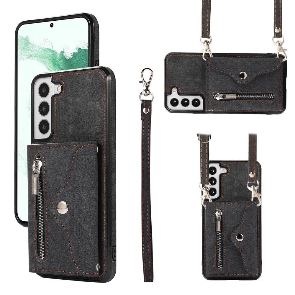 For Samsung Galaxy S21+ 5G Case PU+TPU Card Bag Cell Phone Case with 2 Straps