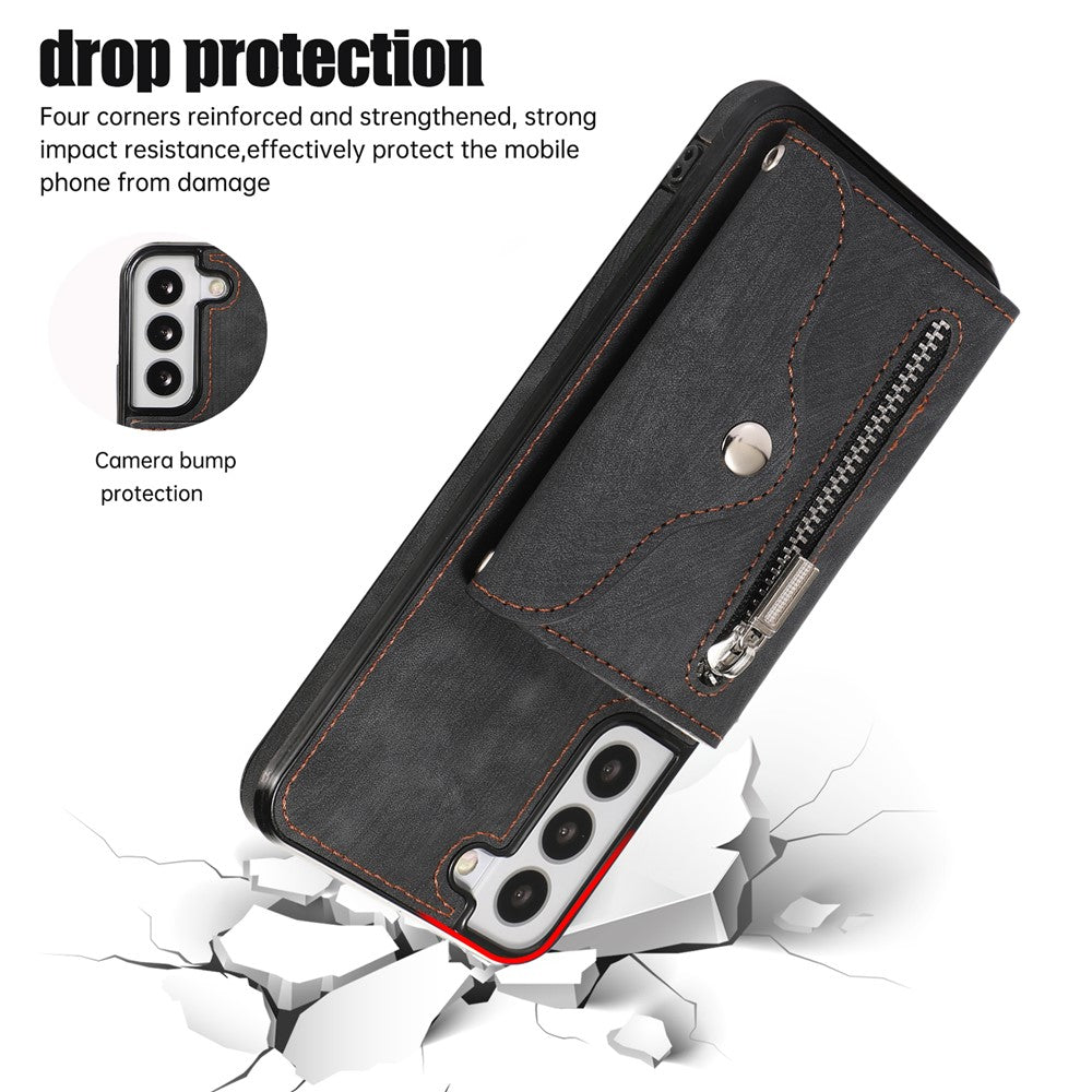 For Samsung Galaxy S21+ 5G Case PU+TPU Card Bag Cell Phone Case with 2 Straps