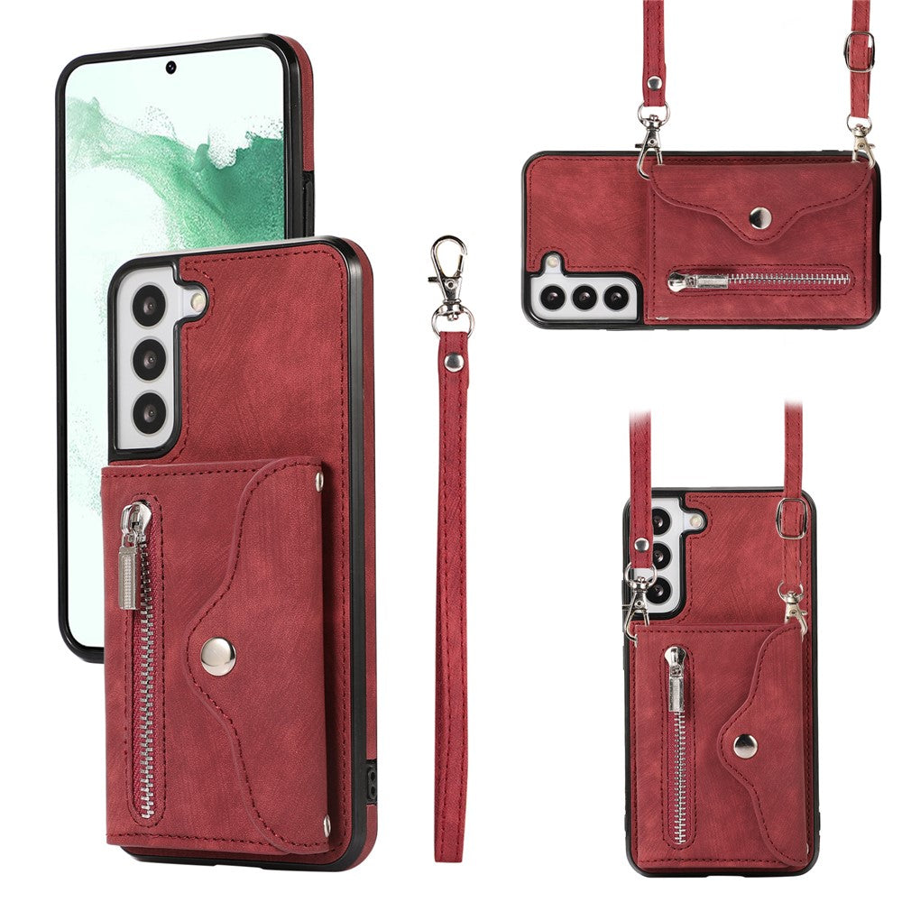 For Samsung Galaxy S21+ 5G Case PU+TPU Card Bag Cell Phone Case with 2 Straps