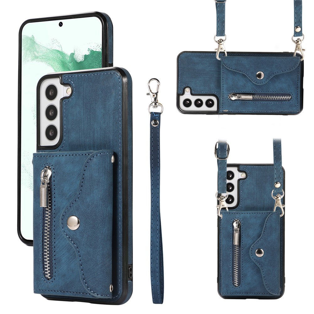 For Samsung Galaxy S21+ 5G Case PU+TPU Card Bag Cell Phone Case with 2 Straps