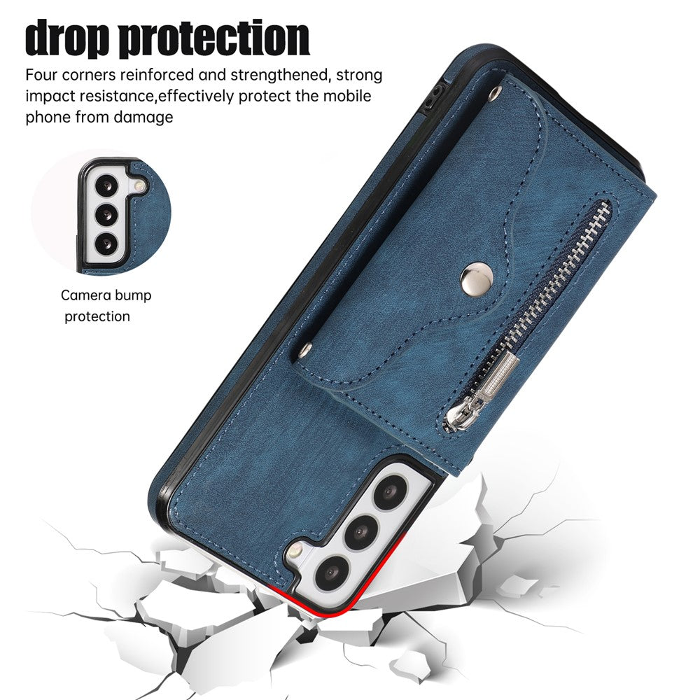 For Samsung Galaxy S21 5G Shockproof Case PU+TPU Card Bag Cell Phone Case with 2 Straps