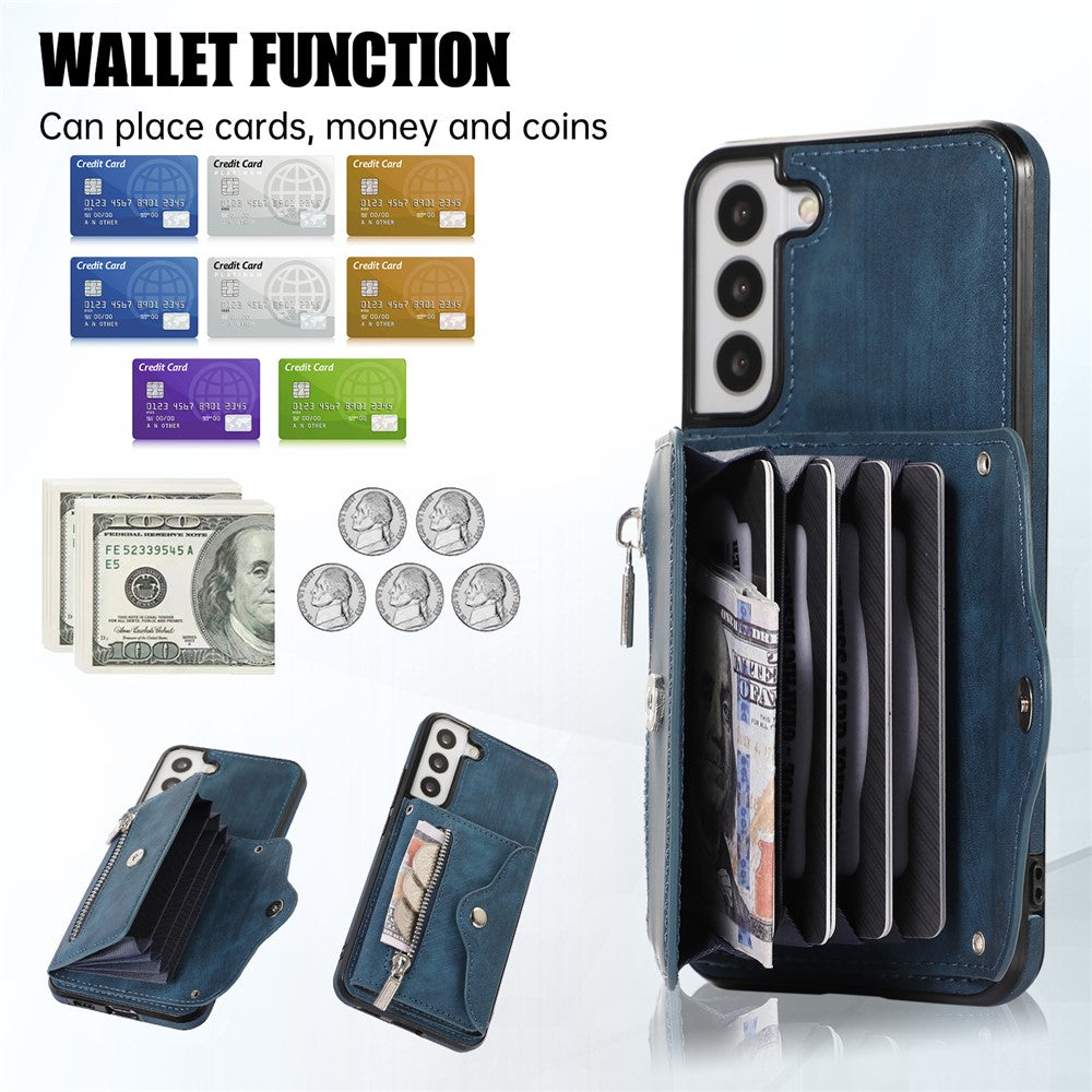 For Samsung Galaxy S21 5G Shockproof Case PU+TPU Card Bag Cell Phone Case with 2 Straps