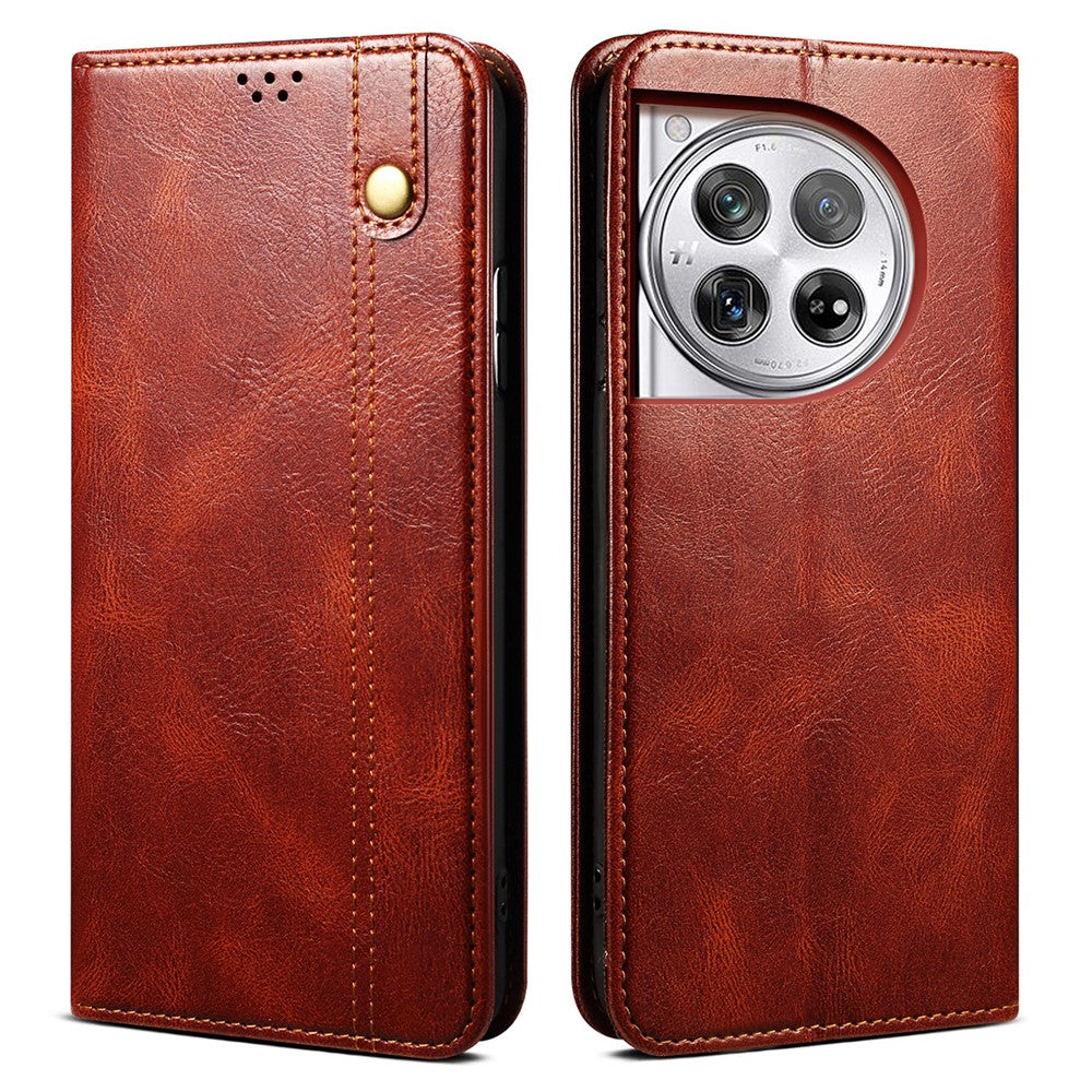 For OnePlus 12 5G Case Stand with Card Holder Waxy Crazy Horse Texture Leather Cover