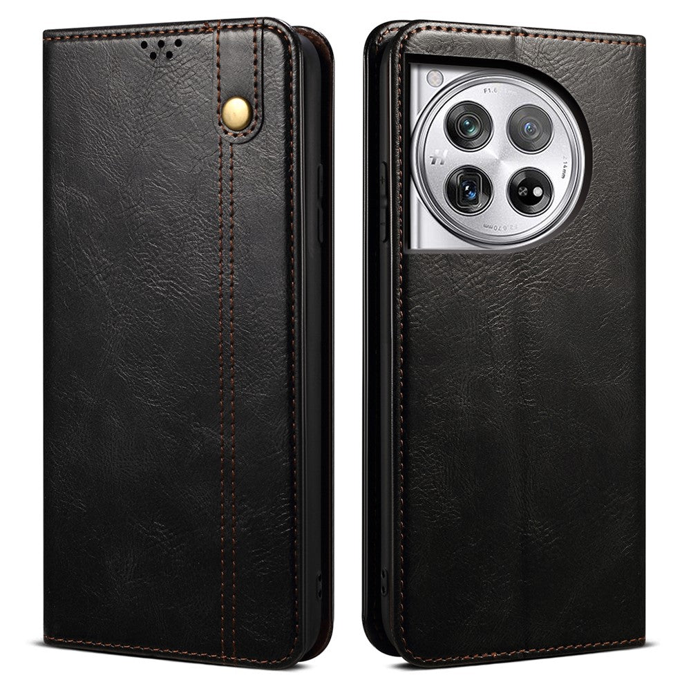 For OnePlus 12 5G Case Stand with Card Holder Waxy Crazy Horse Texture Leather Cover