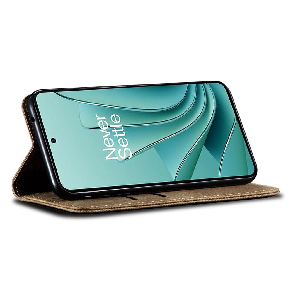 OnePlus 12 5G-skal med stativ, jeanstygstruktur, plånboksfodral i läder