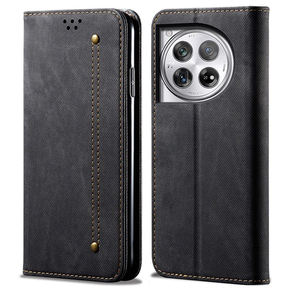 OnePlus 12 5G-skal med stativ, jeanstygstruktur, plånboksfodral i läder