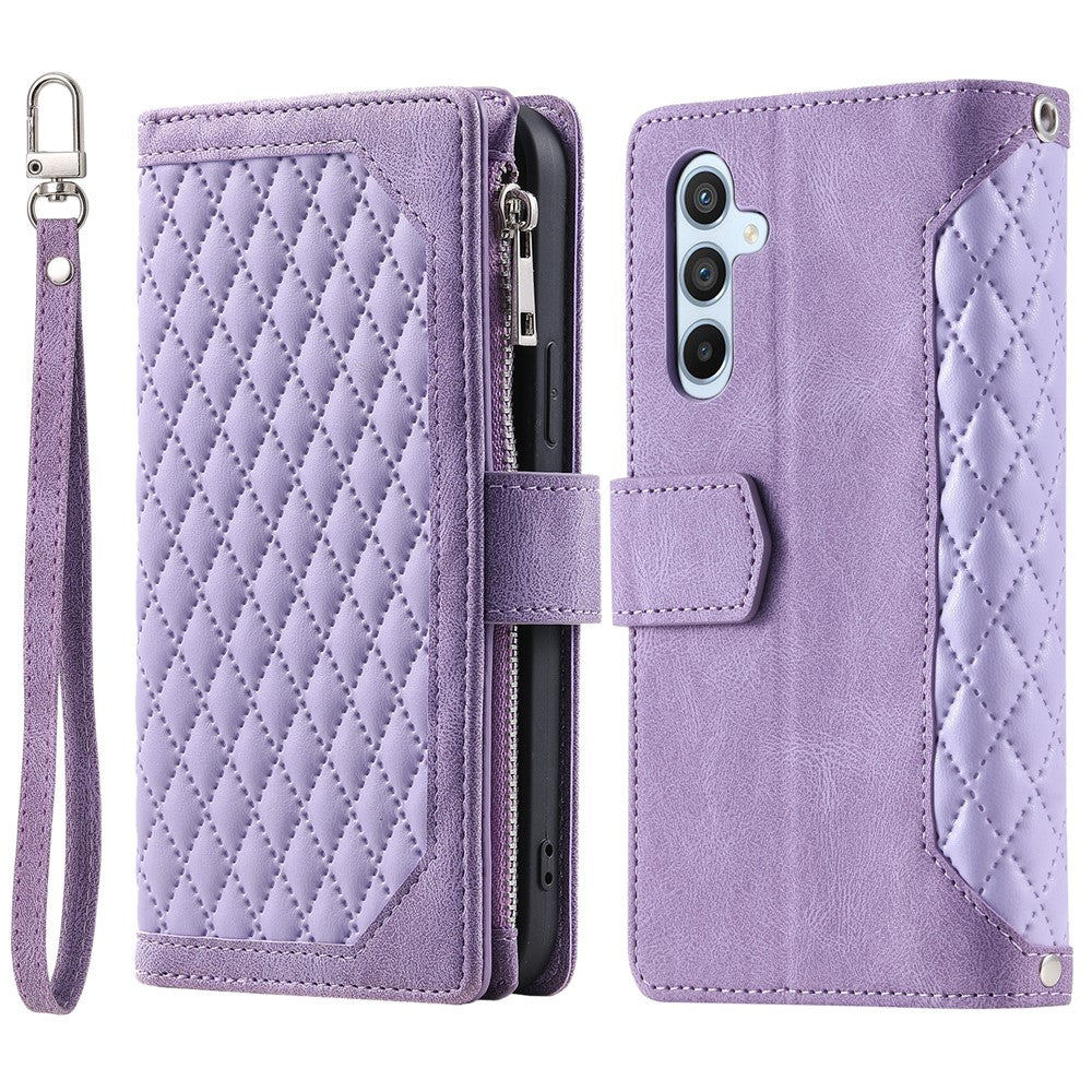 For Samsung Galaxy A55 5G Case Wallet Stand Rhombus Texture Phone Cover with Strap
