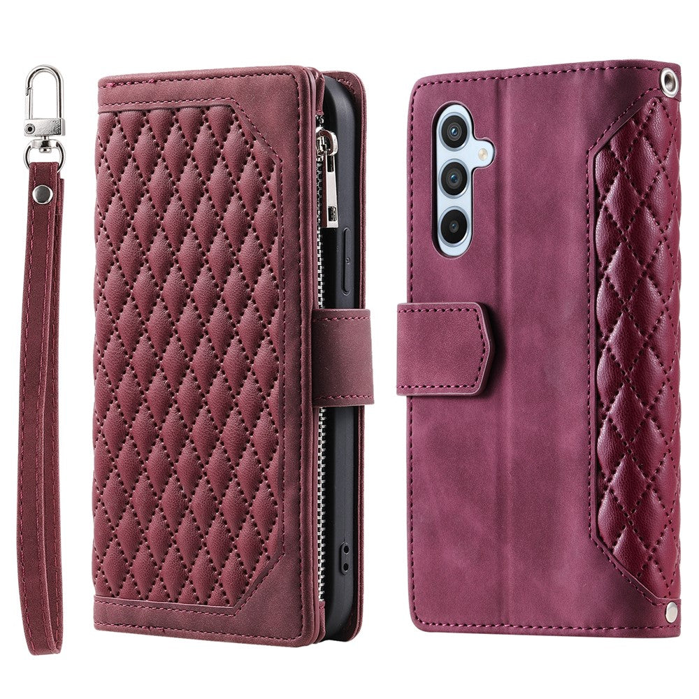 For Samsung Galaxy A55 5G Case Wallet Stand Rhombus Texture Phone Cover with Strap