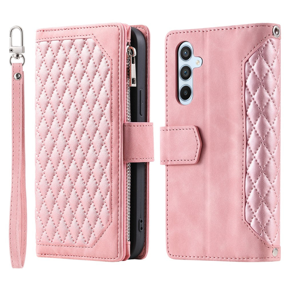 For Samsung Galaxy A55 5G Case Wallet Stand Rhombus Texture Phone Cover with Strap