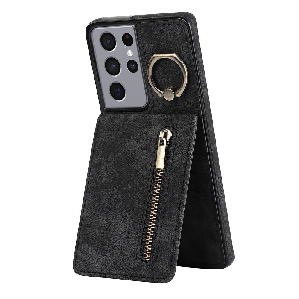 For Samsung Galaxy S21 Ultra 5G Case Ring Kickstand RFID Blocking PU+TPU Phone Cover