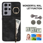 For Samsung Galaxy S21 Ultra 5G Case Ring Kickstand RFID Blocking PU+TPU Phone Cover