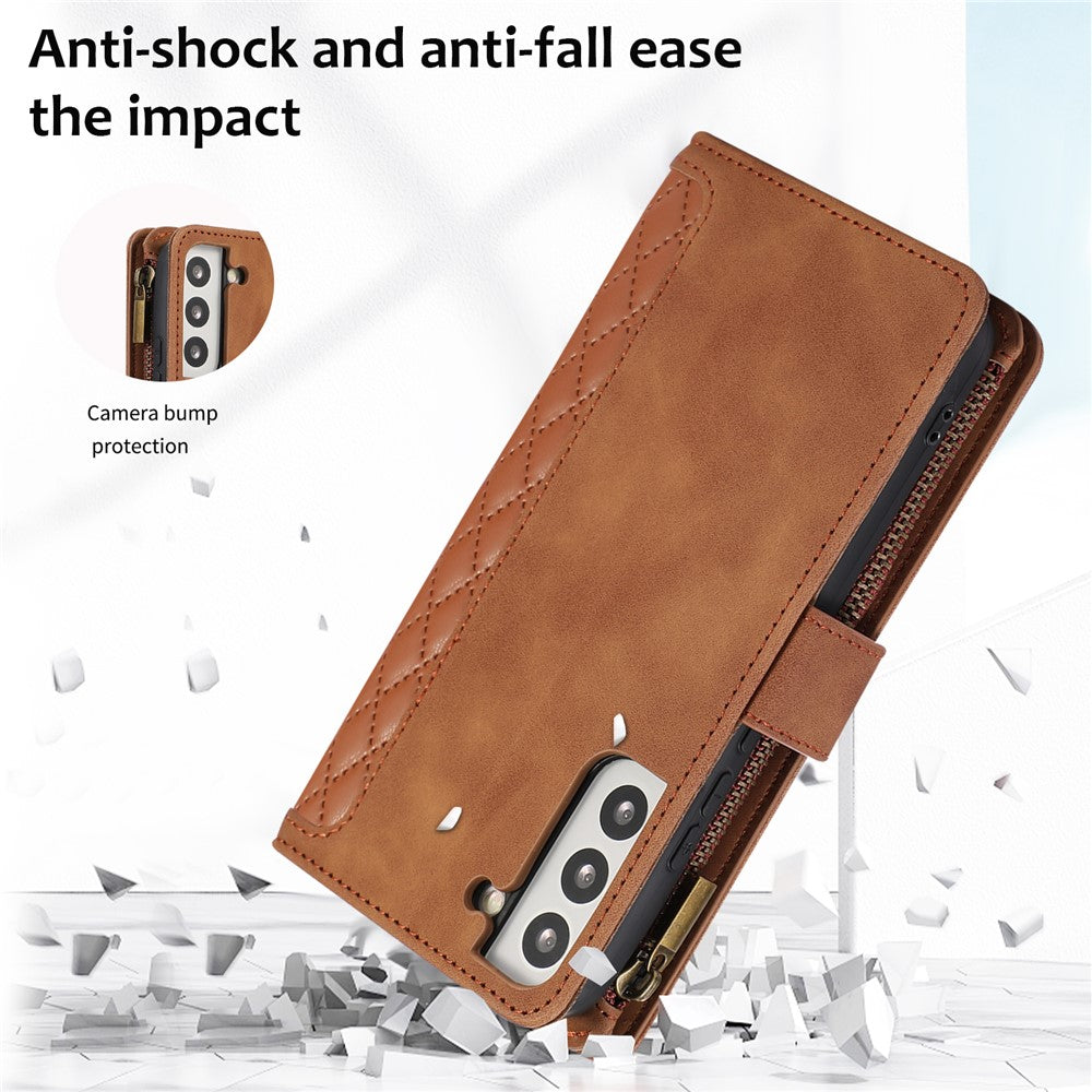 Cover til Samsung Galaxy S21 5G / S21 4G med 9 kortlommer, lynlås og håndleds- og skulderremme