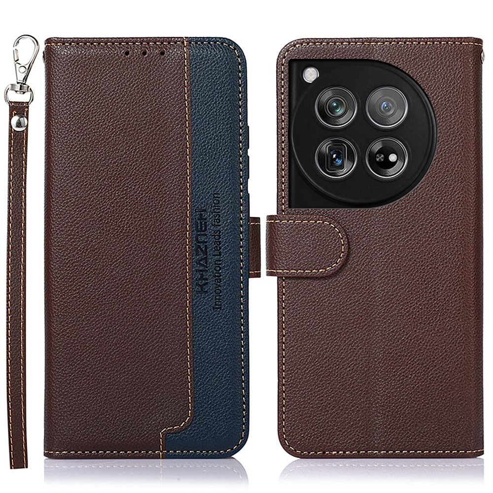 KHAZNEH For OnePlus 12 5G PU Leather Phone Cover Litchi Texture Flip Stand RFID Blocking Case