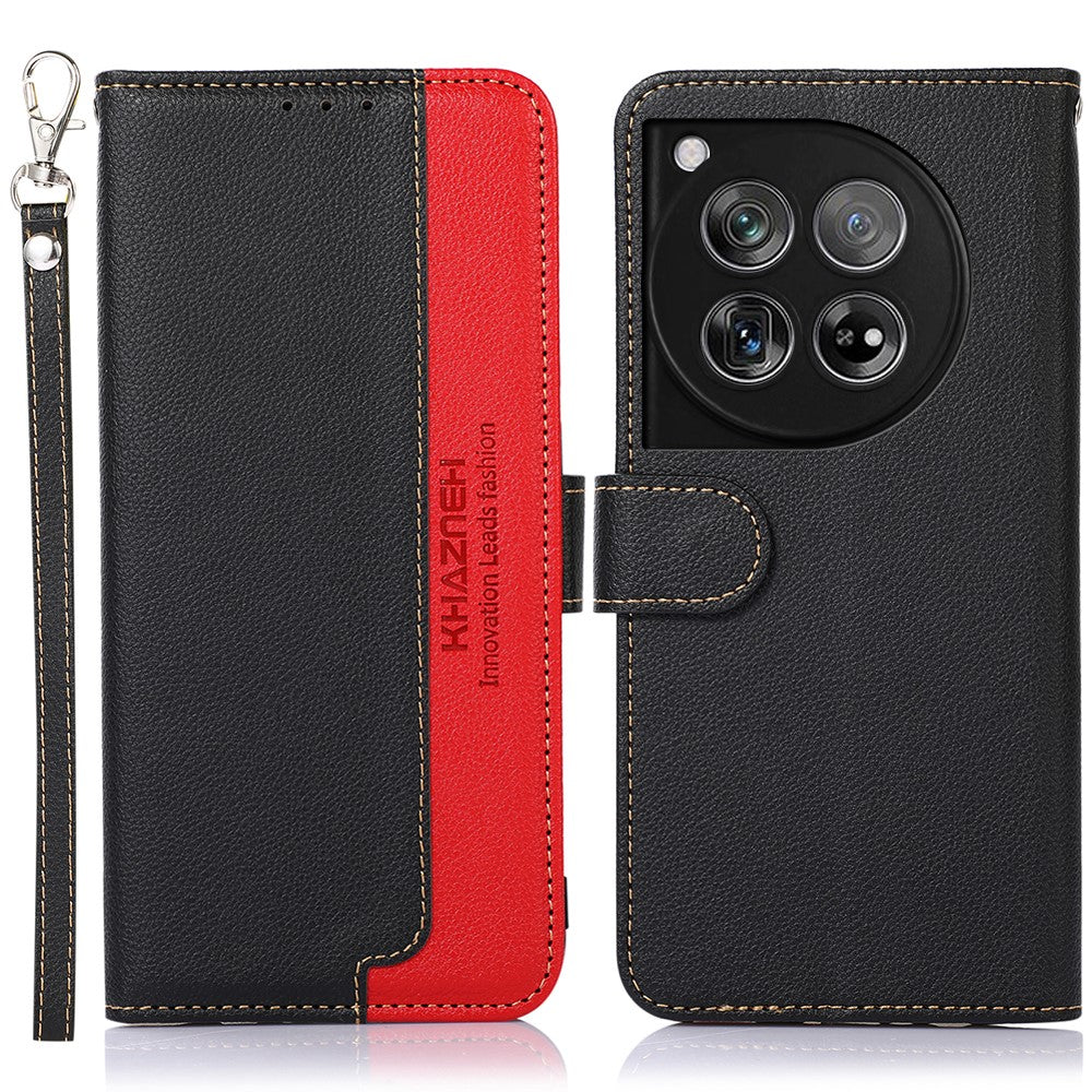 KHAZNEH For OnePlus 12 5G PU Leather Phone Cover Litchi Texture Flip Stand RFID Blocking Case
