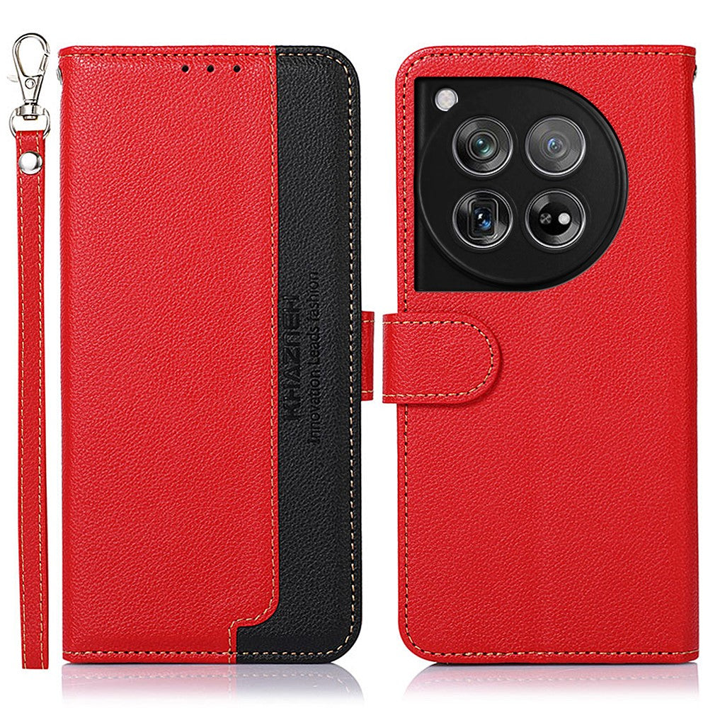KHAZNEH For OnePlus 12 5G PU Leather Phone Cover Litchi Texture Flip Stand RFID Blocking Case