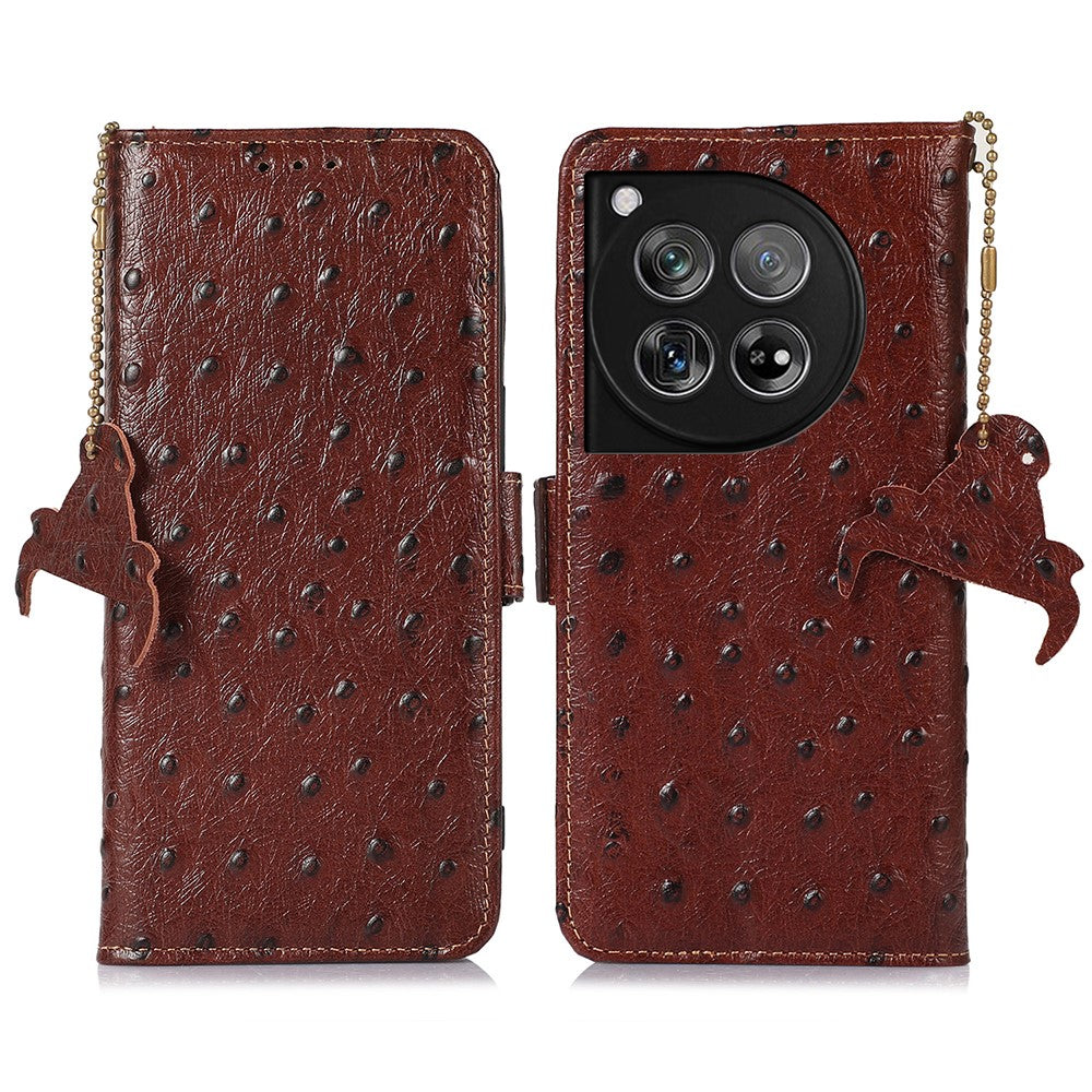 For OnePlus 12 5G Ostrich Pattern Phone Case Genuine Cow Leather Wallet