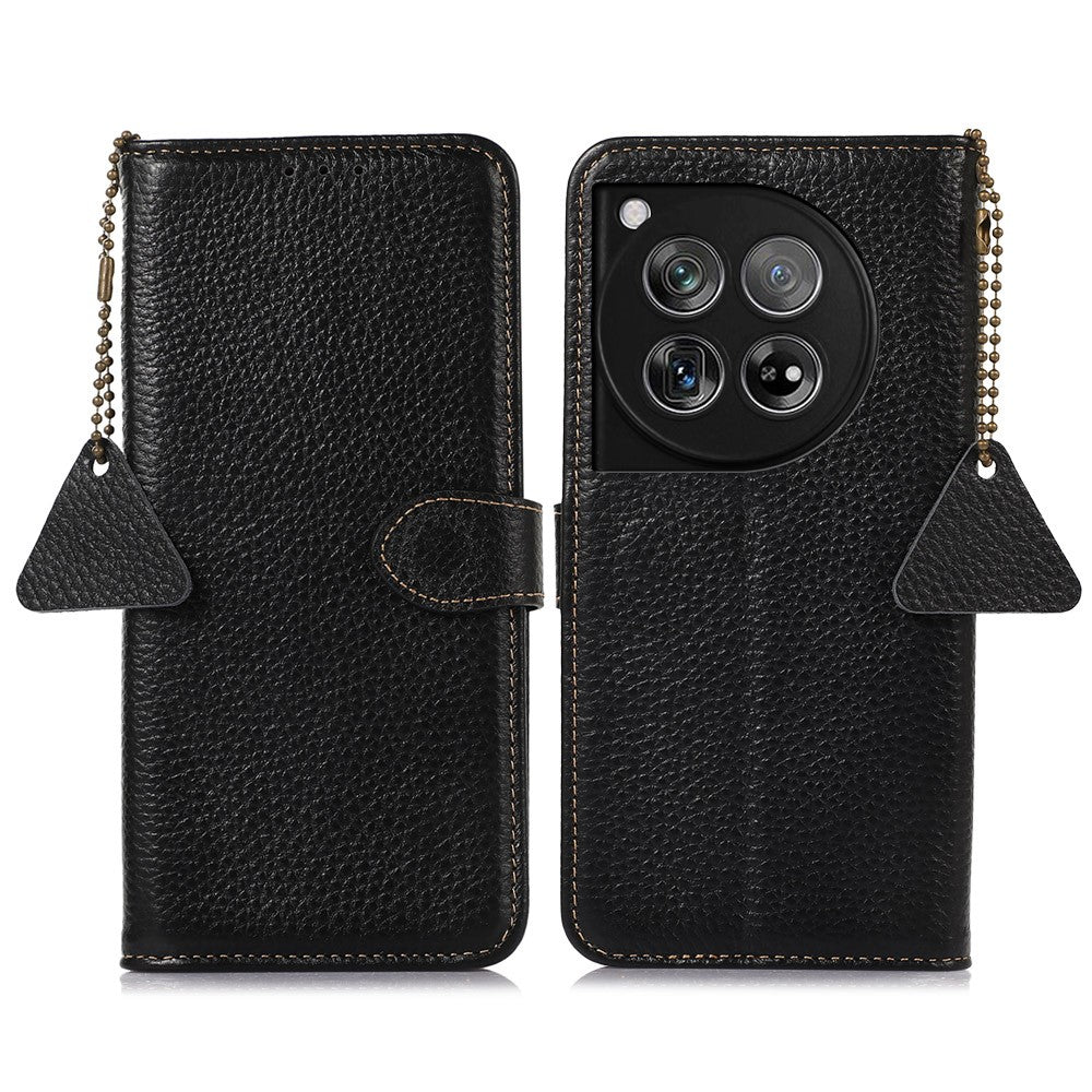 For OnePlus 12 5G Genuine Cow Leather Lychee Texture Case RFID Blocking