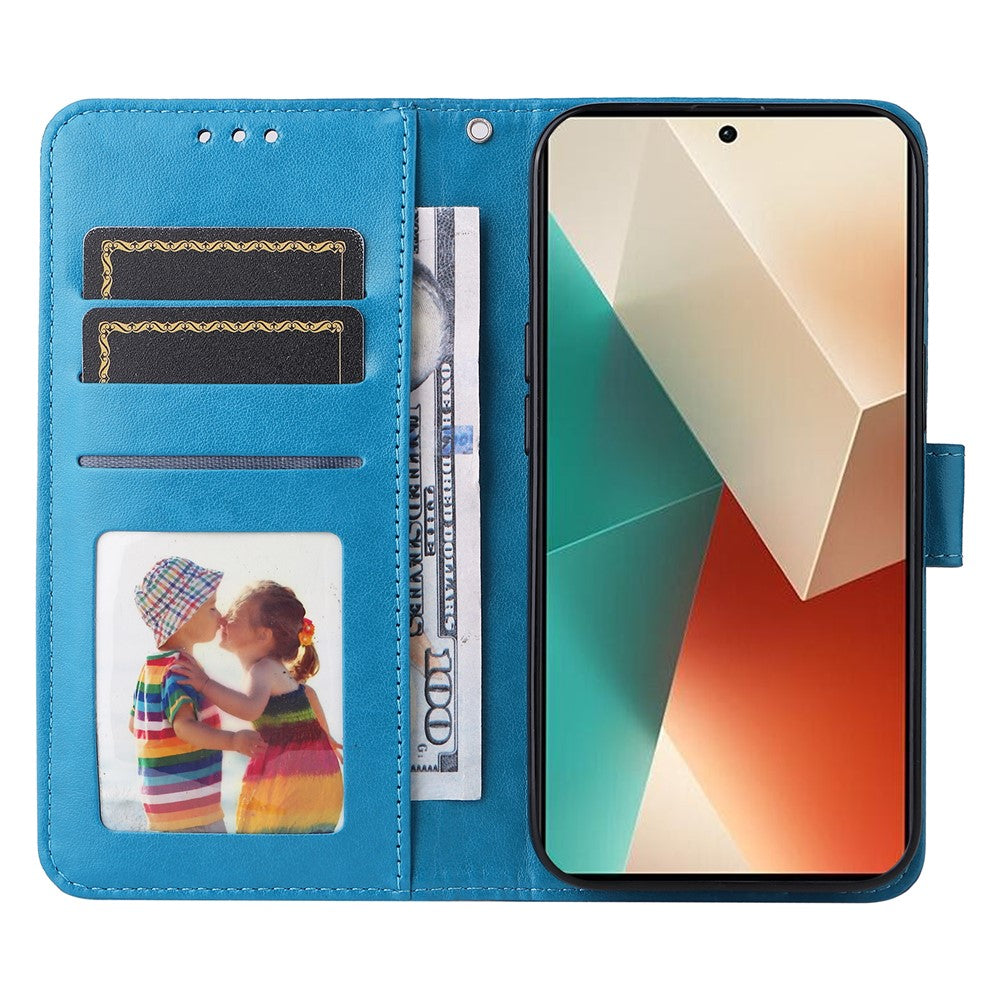 Xiaomi Redmi Note 13 5G-skal med solrosmönster i läder, plånboksfodral med stativ