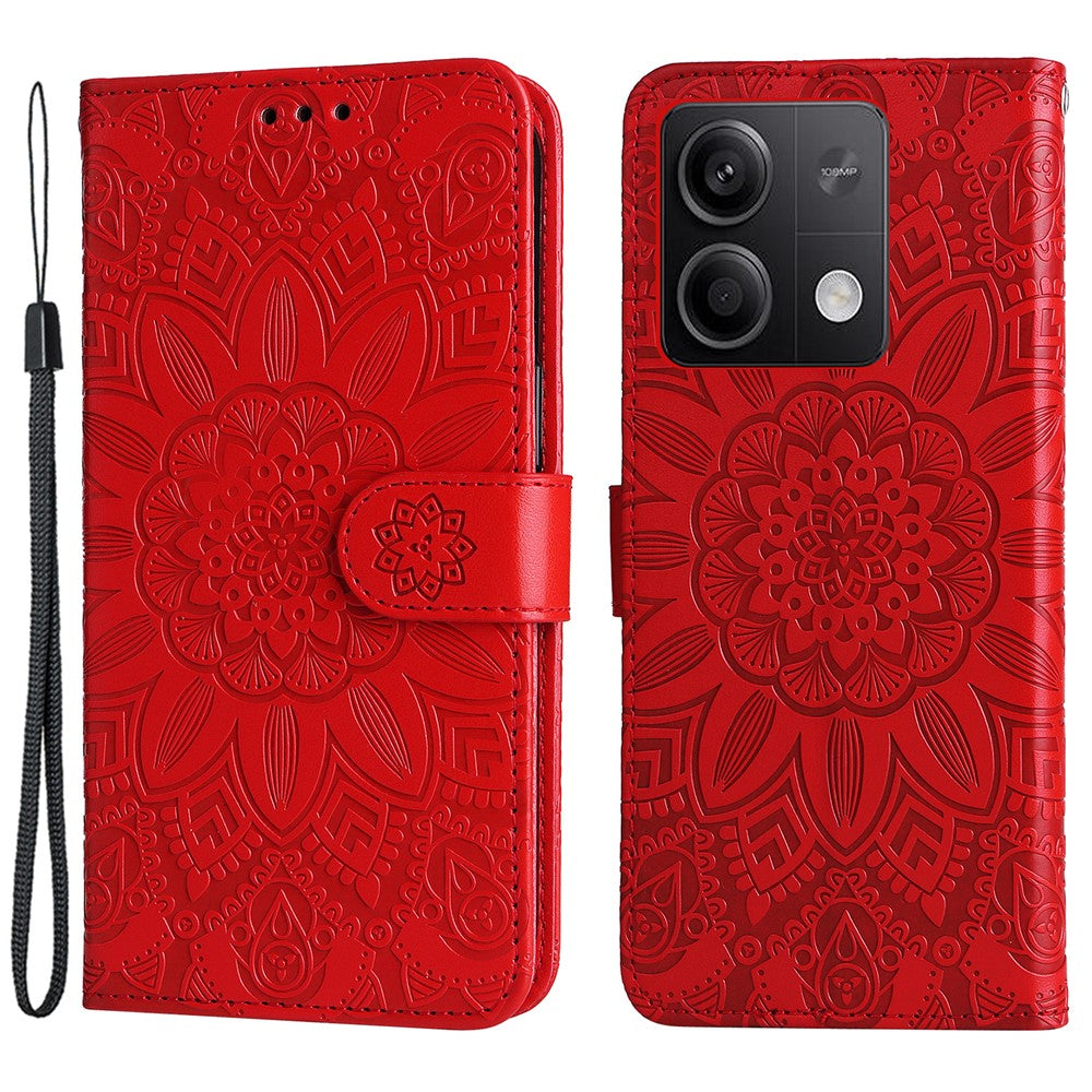 Xiaomi Redmi Note 13 5G-skal med solrosmönster i läder, plånboksfodral med stativ