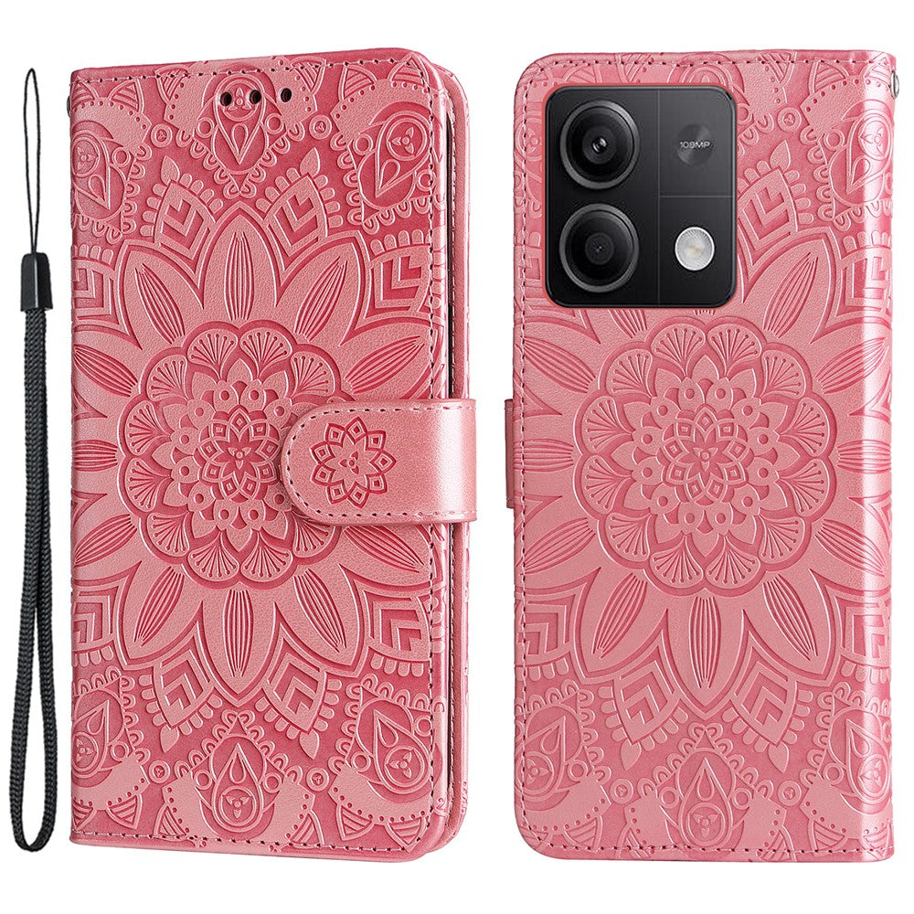 Xiaomi Redmi Note 13 5G-skal med solrosmönster i läder, plånboksfodral med stativ