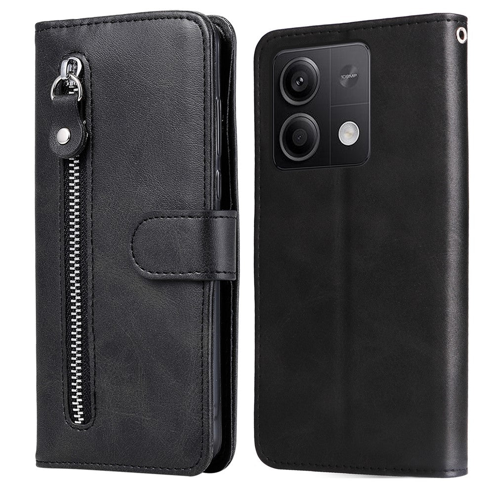 Läderfodral för Xiaomi Redmi Note 13 5G med dragkedja, plånbok, kalvtextur, mobilstativ