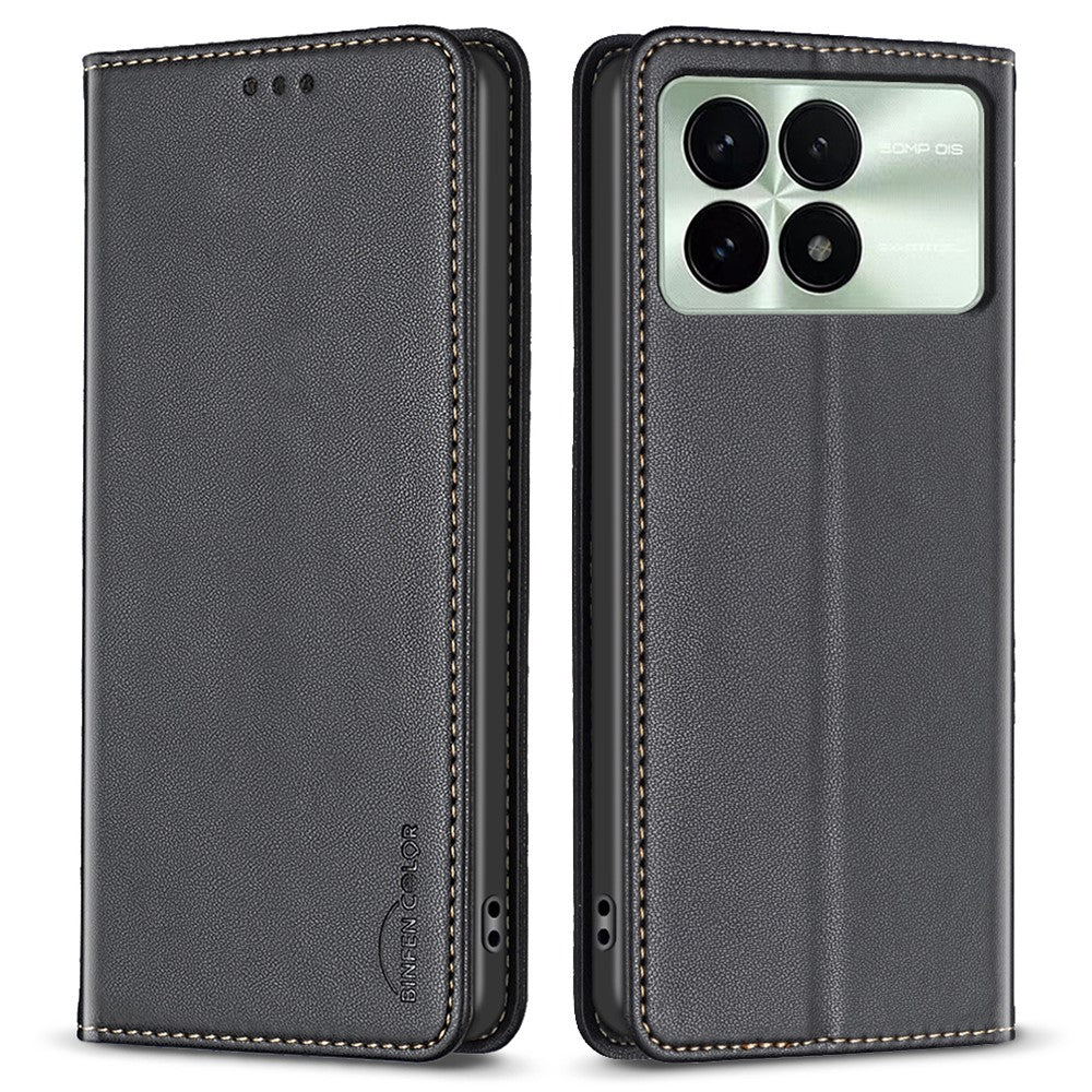 BINFEN COLOR BF18 för Xiaomi Redmi K70E 5G / Poco X6 Pro 5G läderfodral med 3 kortplatser stativ mobilskal
