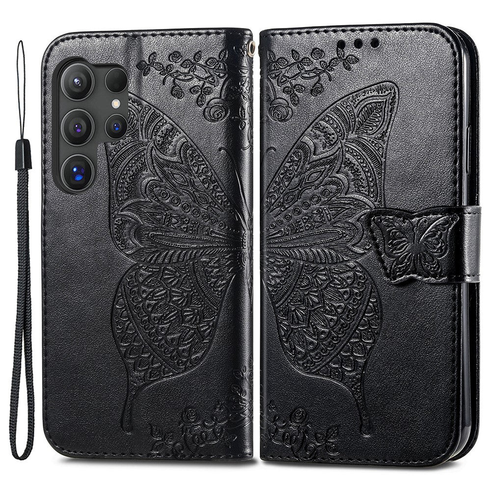 For Samsung Galaxy S24 Ultra Flip Folio Cover with Butterfly Pattern Leather Stand Phone Case