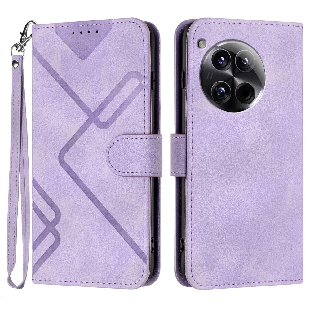 For OnePlus 12 5G Wallet Case Line Imprinted PU Leather Phone Cover with Strap