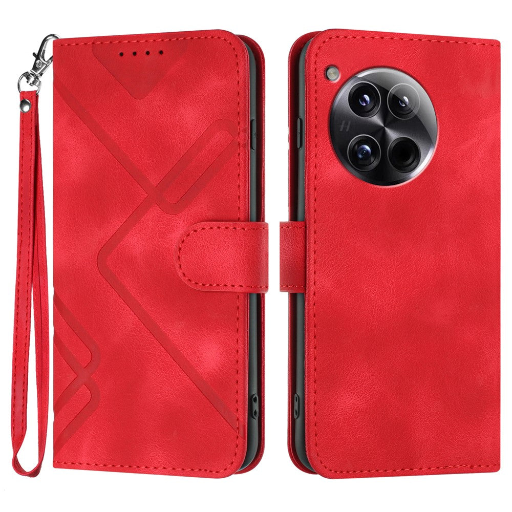 For OnePlus 12 5G Wallet Case Line Imprinted PU Leather Phone Cover with Strap