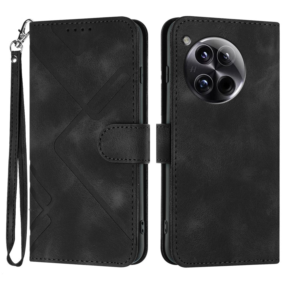 For OnePlus 12 5G Wallet Case Line Imprinted PU Leather Phone Cover with Strap