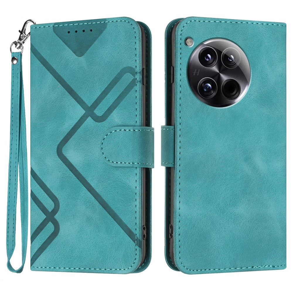 For OnePlus 12 5G Wallet Case Line Imprinted PU Leather Phone Cover with Strap