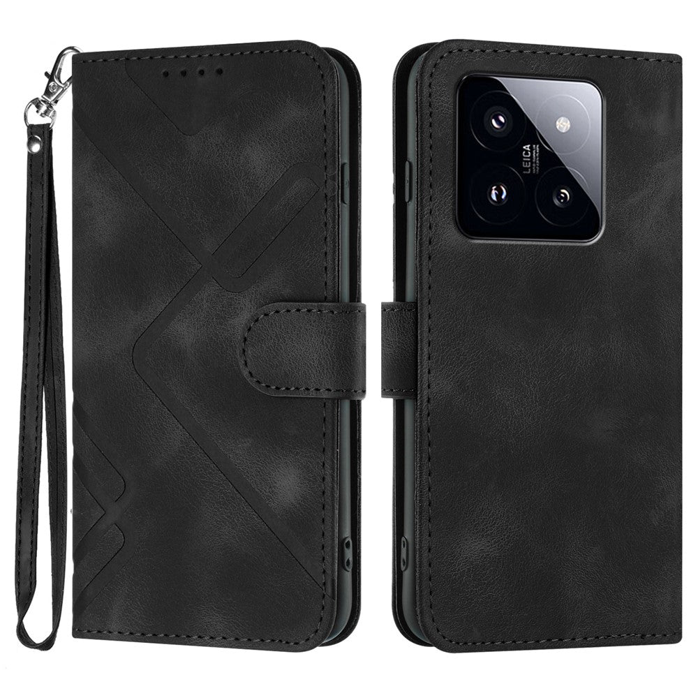 For Xiaomi 14 Pro Wallet Case Line Imprinted PU Leather Phone Cover with Strap
