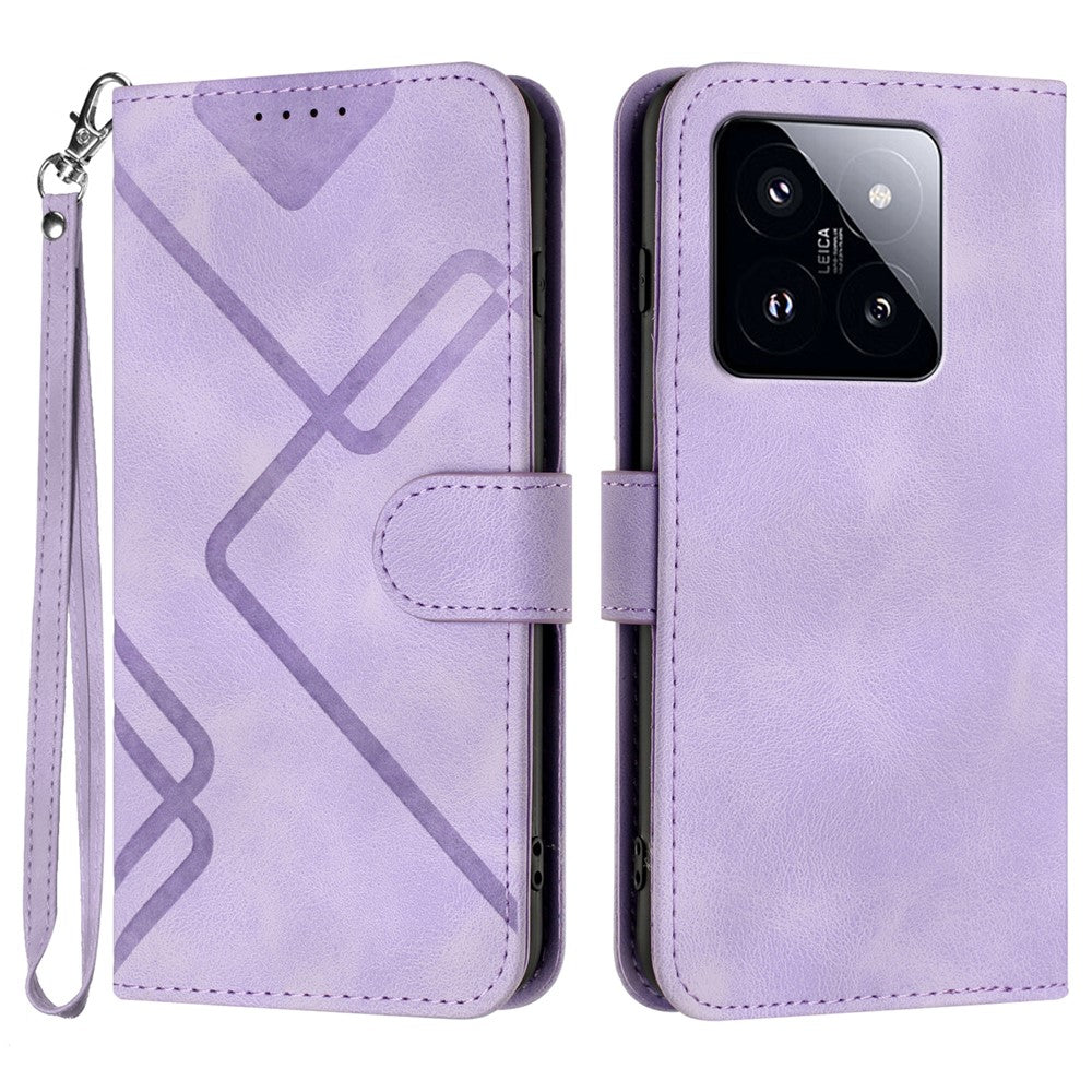 For Xiaomi 14 Pro Wallet Case Line Imprinted PU Leather Phone Cover with Strap