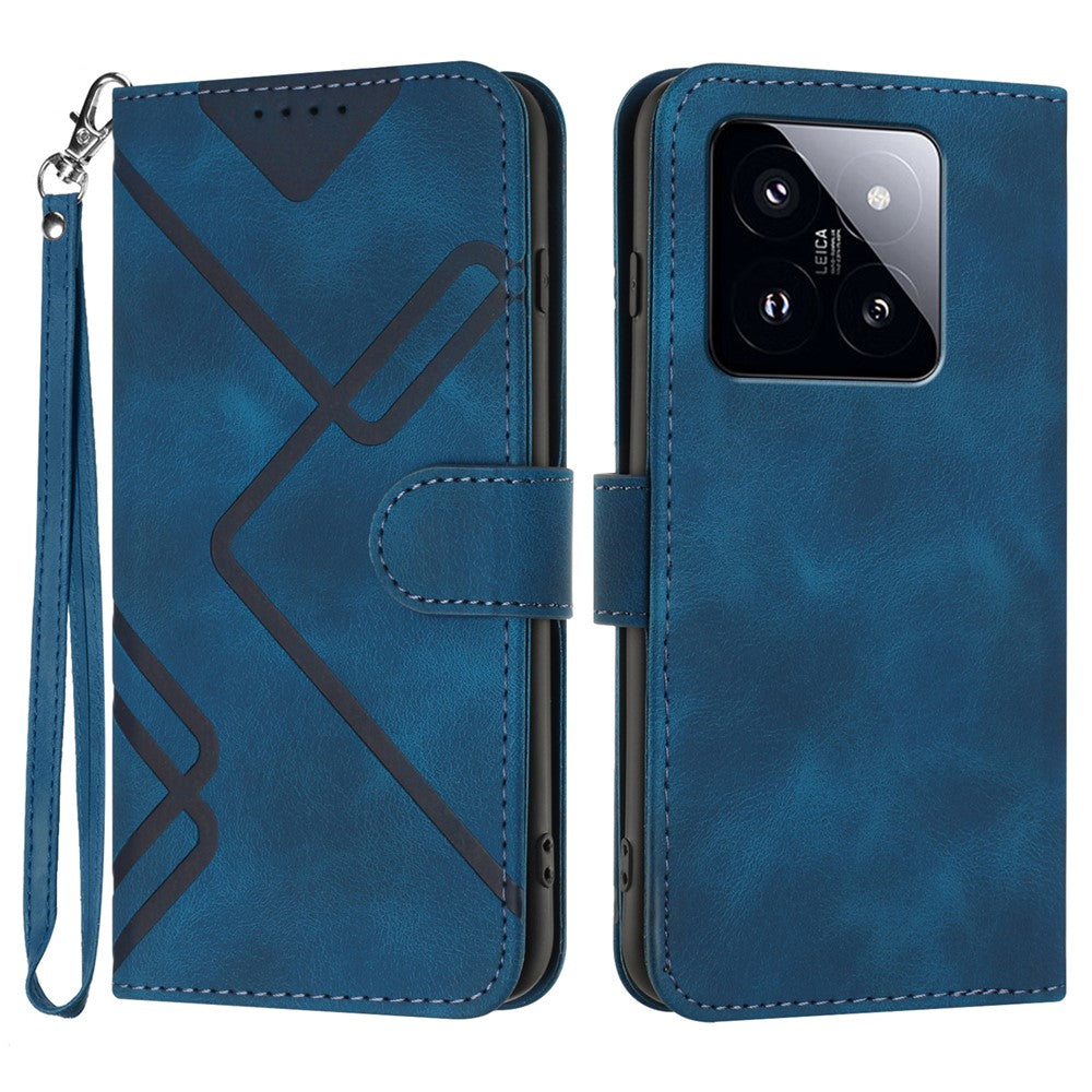 For Xiaomi 14 Pro Wallet Case Line Imprinted PU Leather Phone Cover with Strap