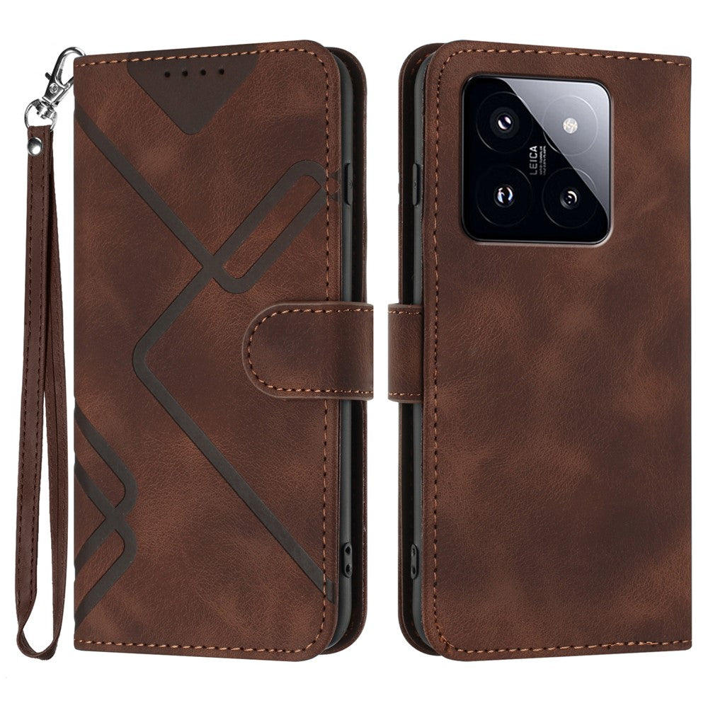 For Xiaomi 14 Pro Wallet Case Line Imprinted PU Leather Phone Cover with Strap