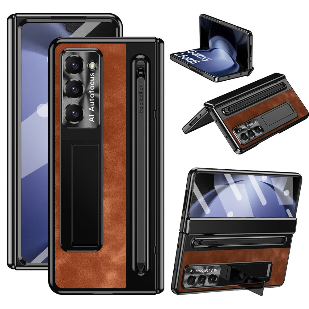 For Samsung Galaxy Z Fold5 5G Case Leather+PC Phone Cover with Tempered Glass Film and Stylus Pen
