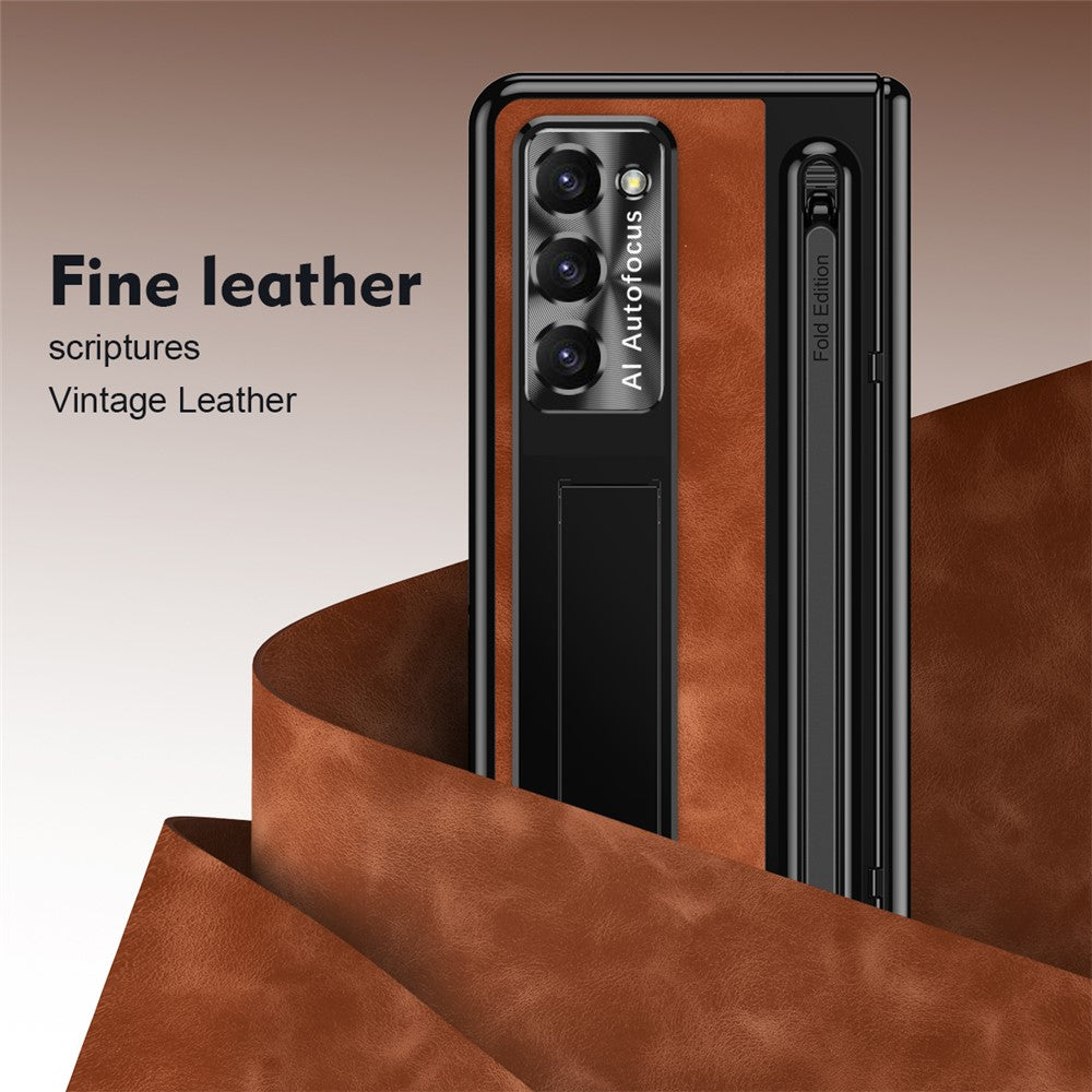 For Samsung Galaxy Z Fold5 5G Case Leather+PC Phone Cover with Tempered Glass Film and Stylus Pen